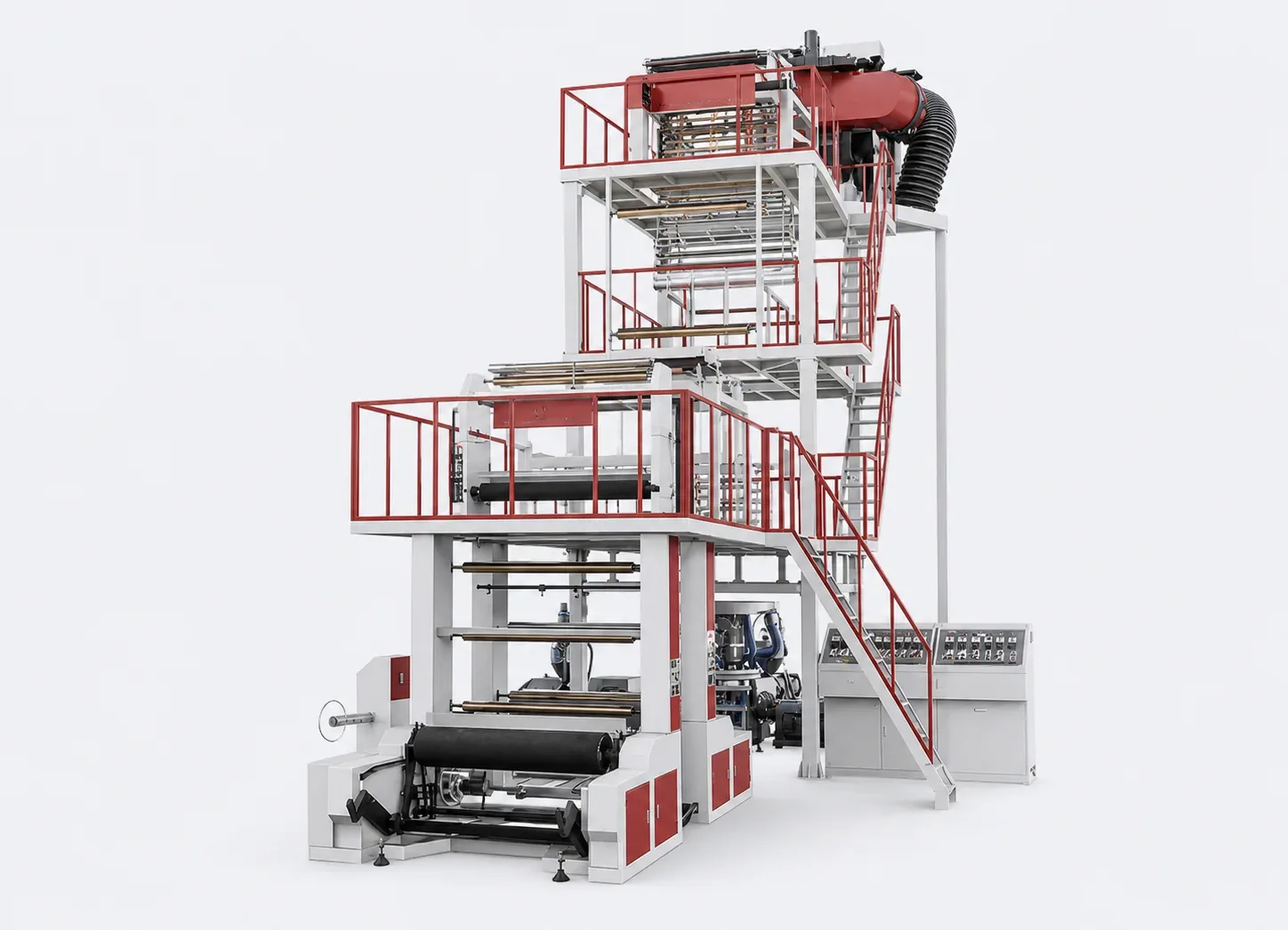 Planning reference visualization of an ABC three-layer blown-film line with tower and winding station.