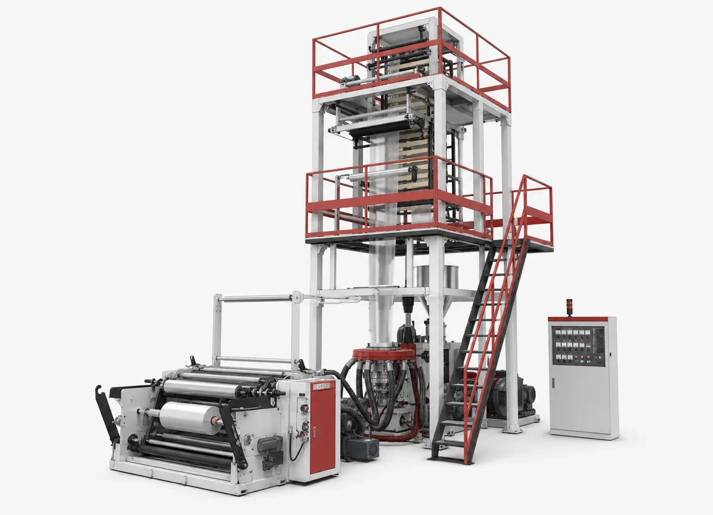 Planning reference visualization of an automatic ABA HDPE blown-film line.