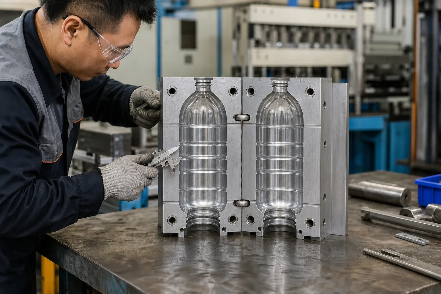Photo-style reference visualization of an open bottle blow mold being inspected in a generic tooling workshop.