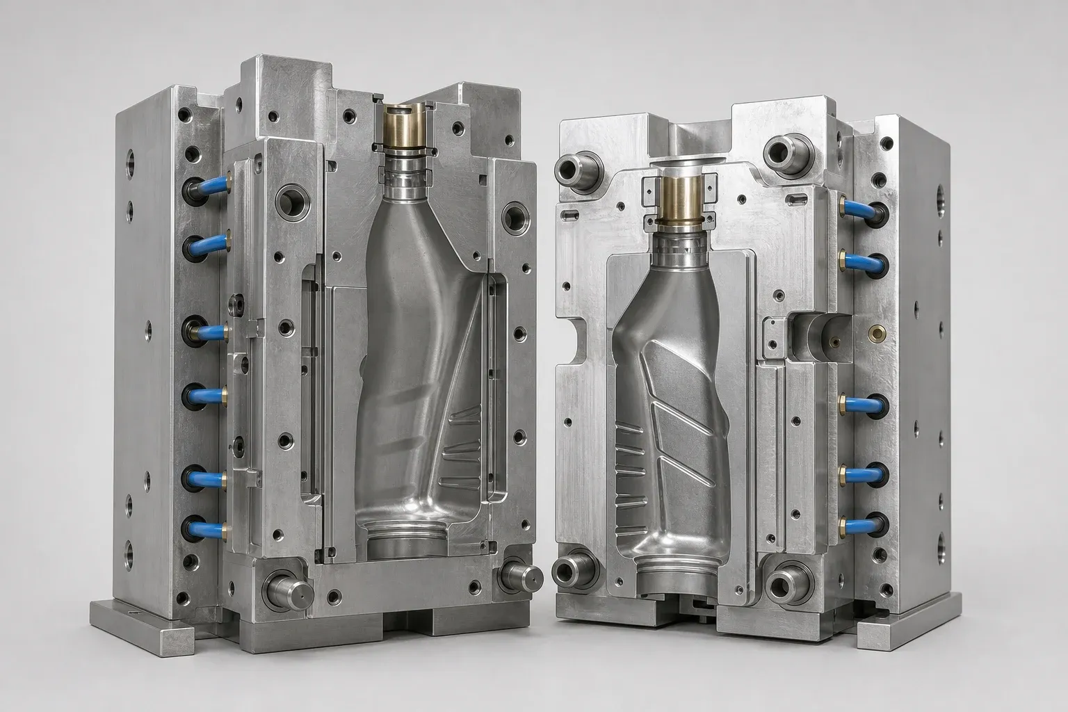 Reference visualization of a generic open bottle blow mold on a tooling inspection bench.