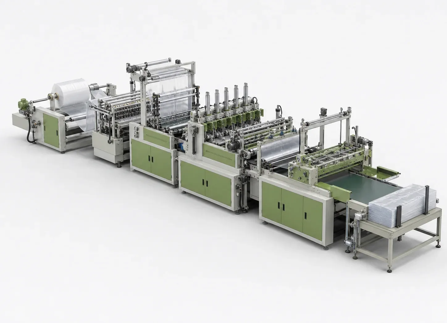 Planning reference visualization of a one-output eight-line cold-cut bag converting line.