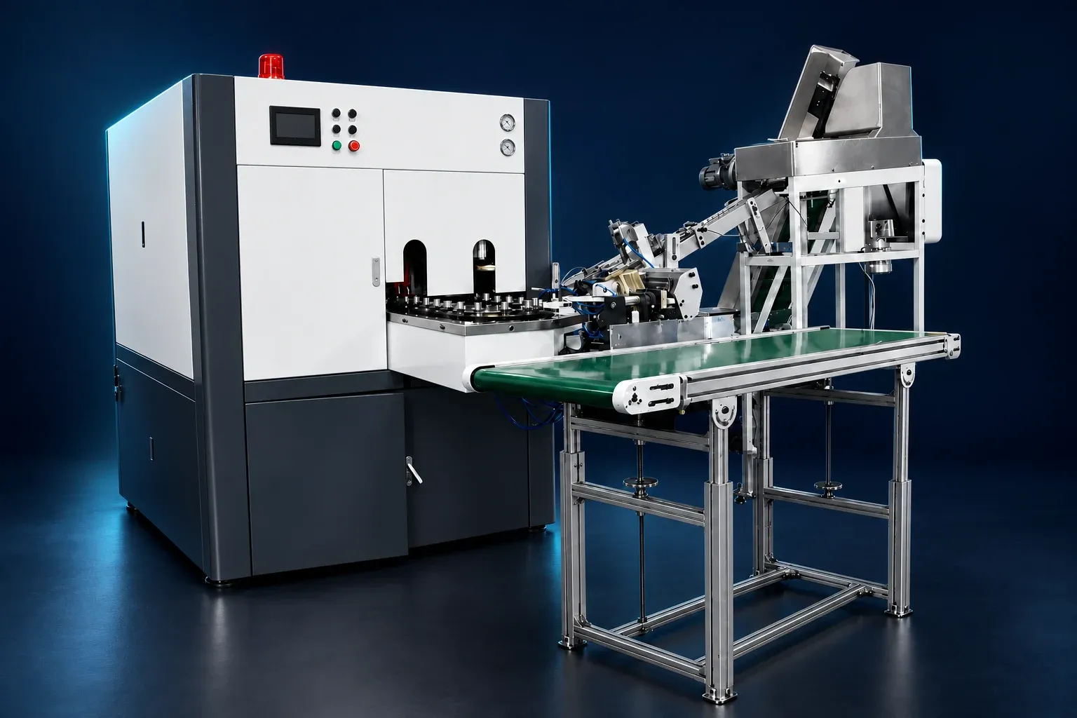 Bottle blowing equipment on a navy studio background