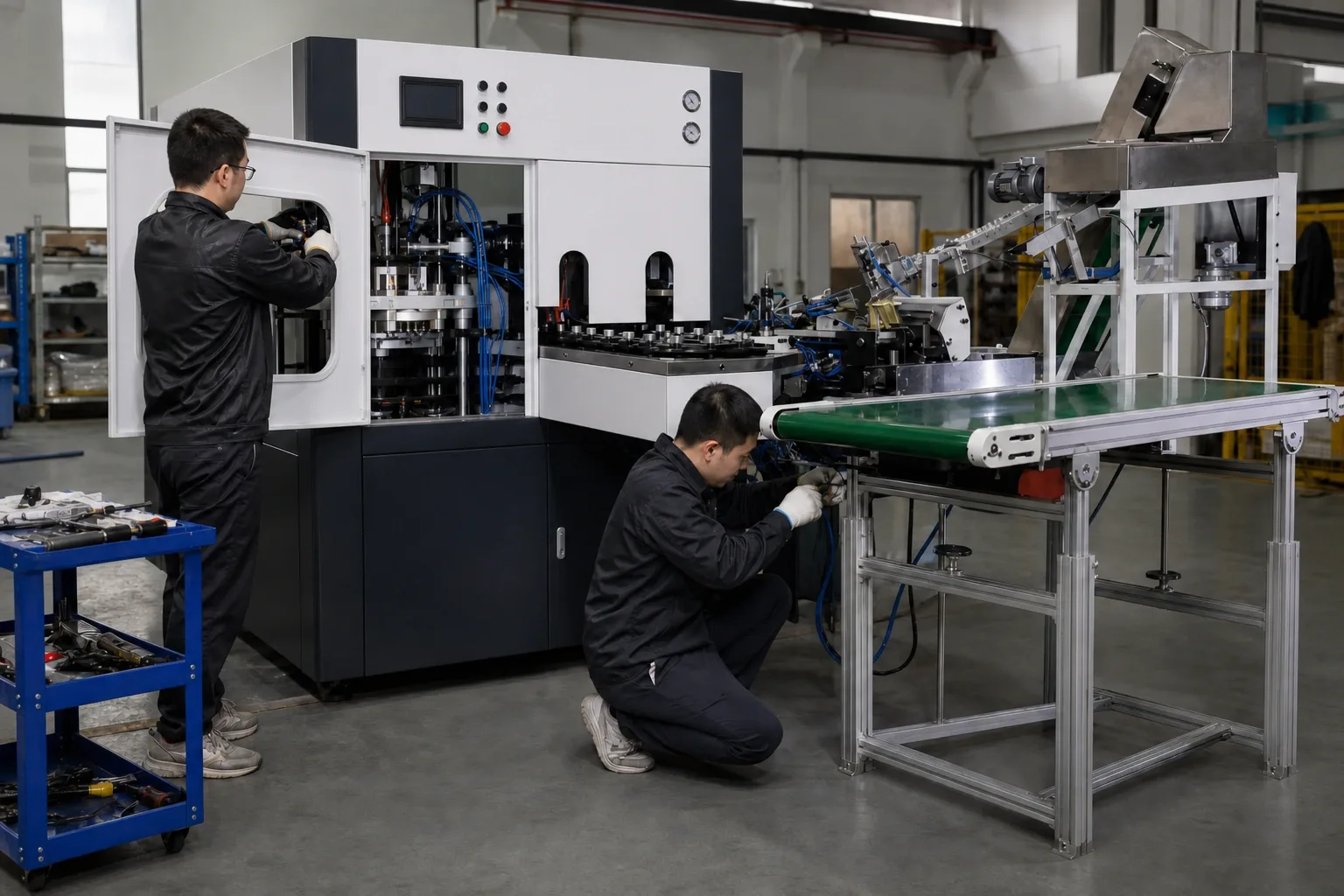 Photo-style reference visualization of technicians assembling a bottle blowing machine in a generic industrial workshop.