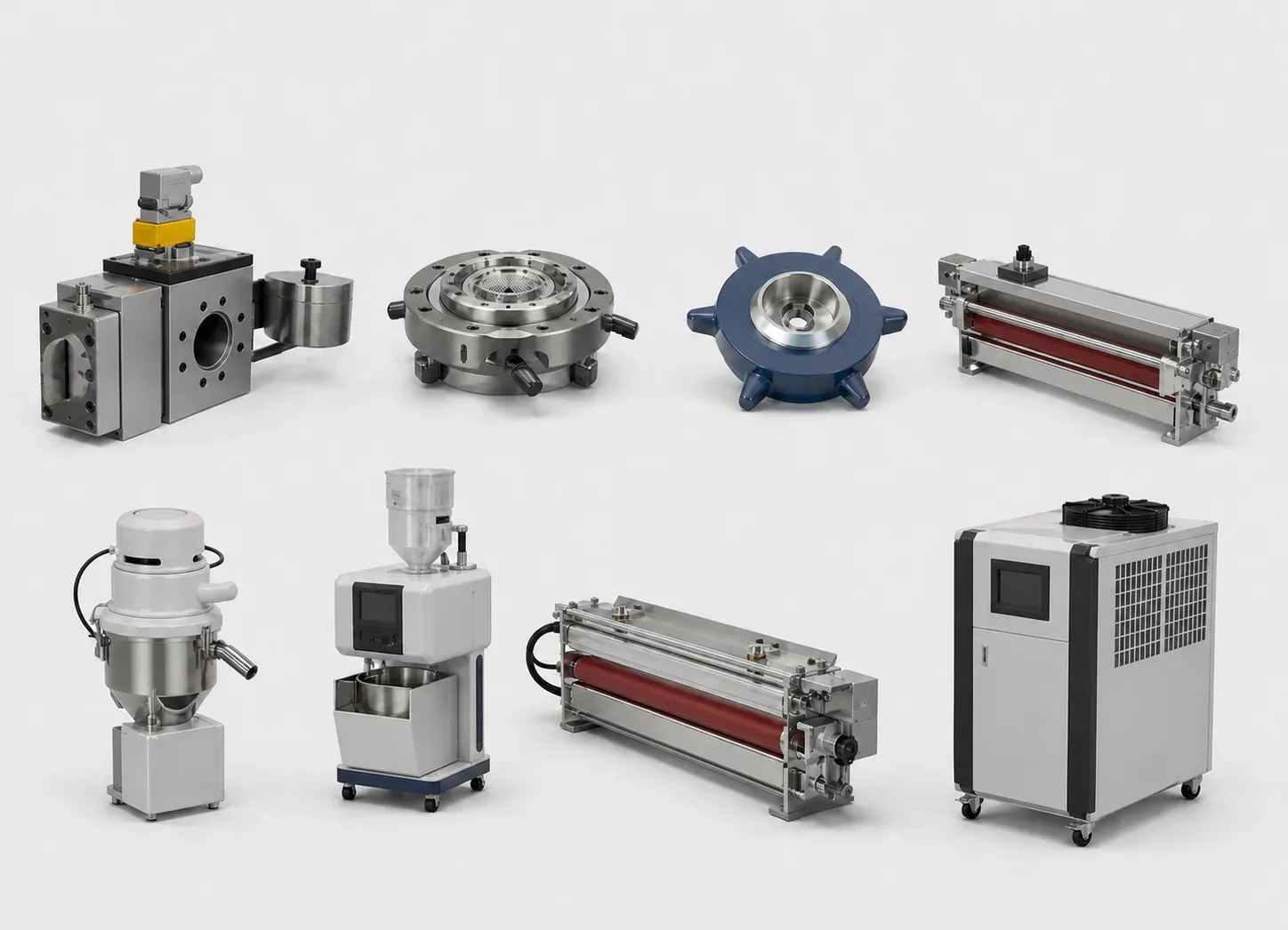Planning reference visualization of film-extrusion accessory components including a screen changer, die head, air ring and chiller.