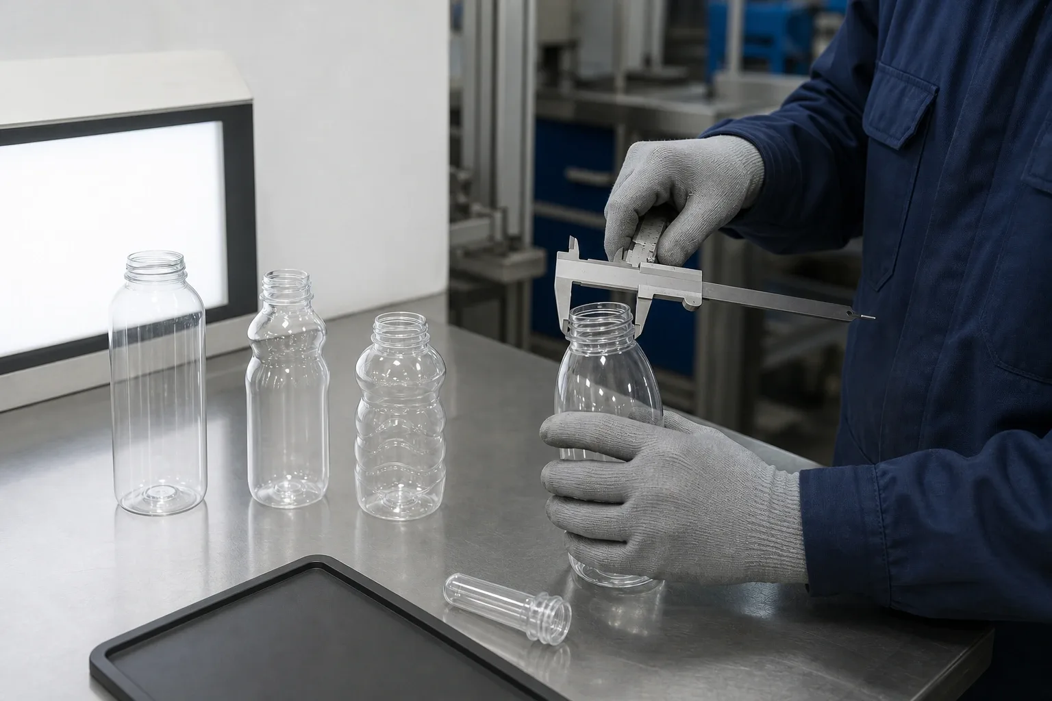 Photo-style reference view of a generic clear bottle neck being checked with a caliper at a quality bench.