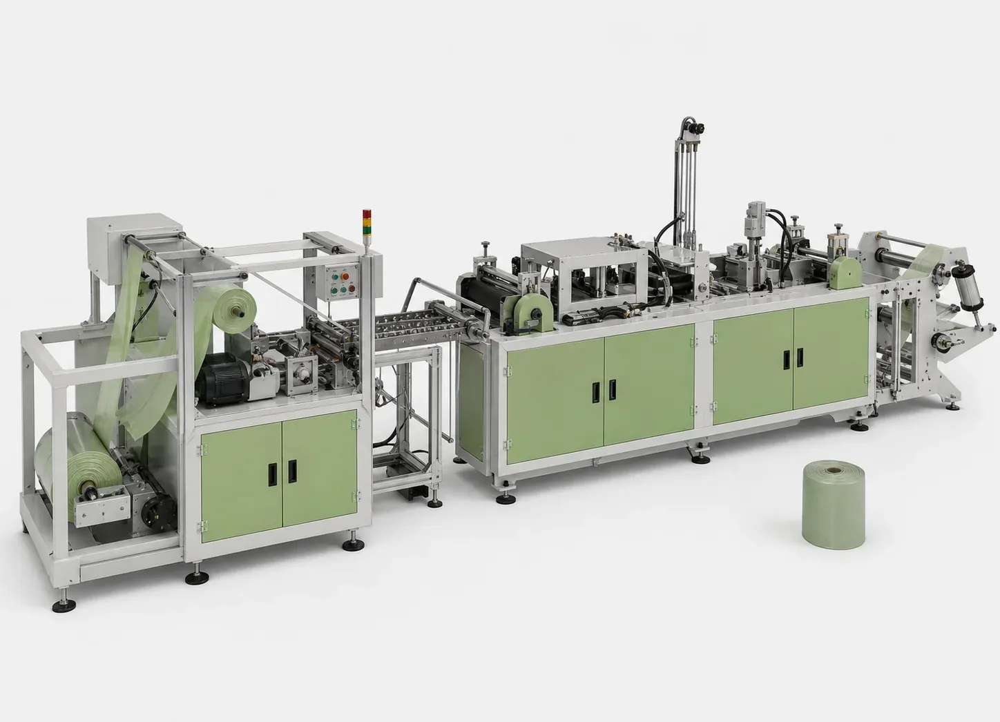 Planning reference visualization of a four-fold pet-waste bag converting line and compact roll output.