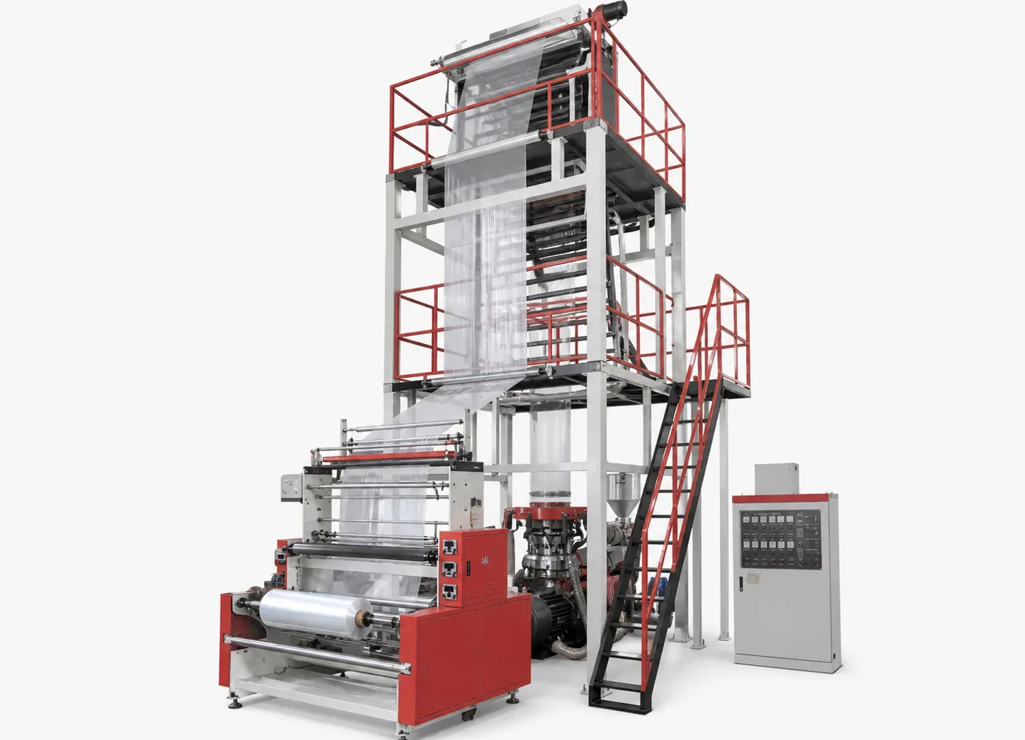 Planning reference visualization of a high-speed ABA co-extrusion blown-film line.