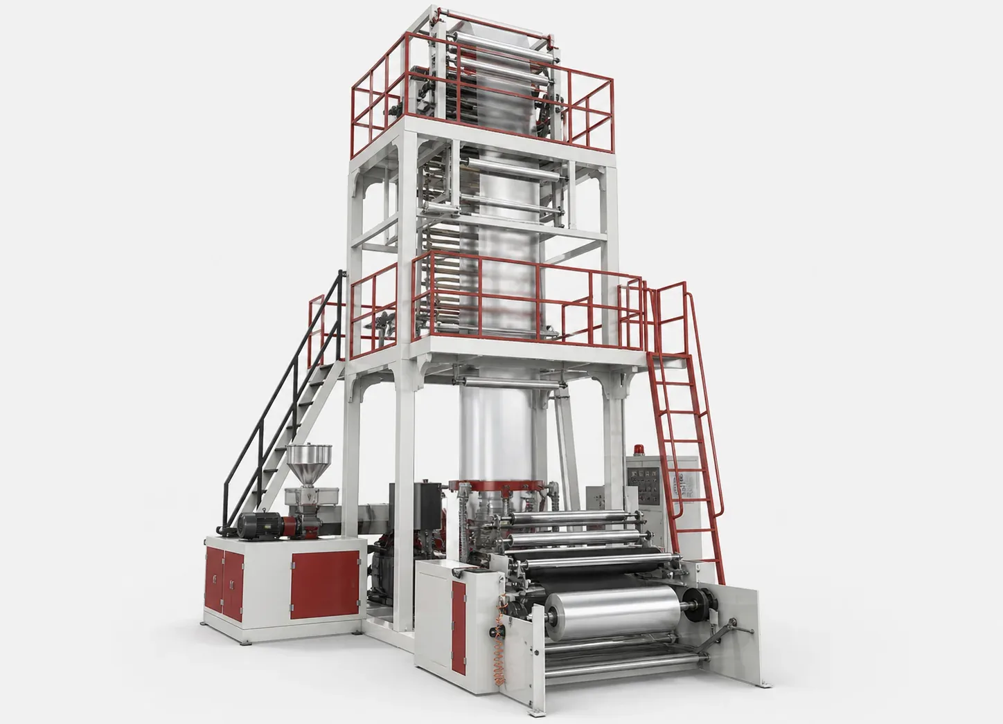 Planning reference visualization of a single-screw blown-film line with tower and winder.