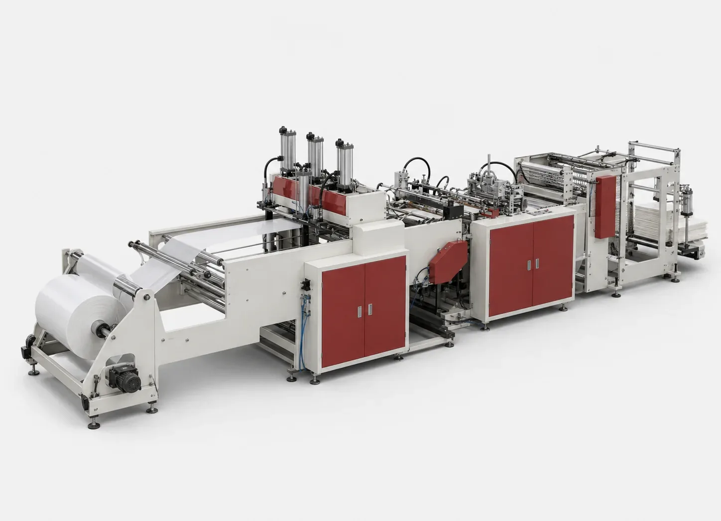 Planning reference visualization of a hot-cut vest-bag converting line with punching and stacking stations.