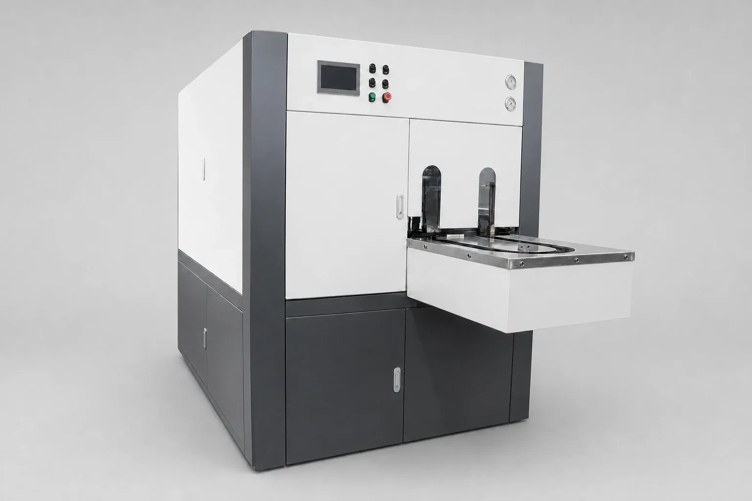Catalog reference visualization of the compact KRC900-II PET machine cabinet with its two front openings and transfer tray.