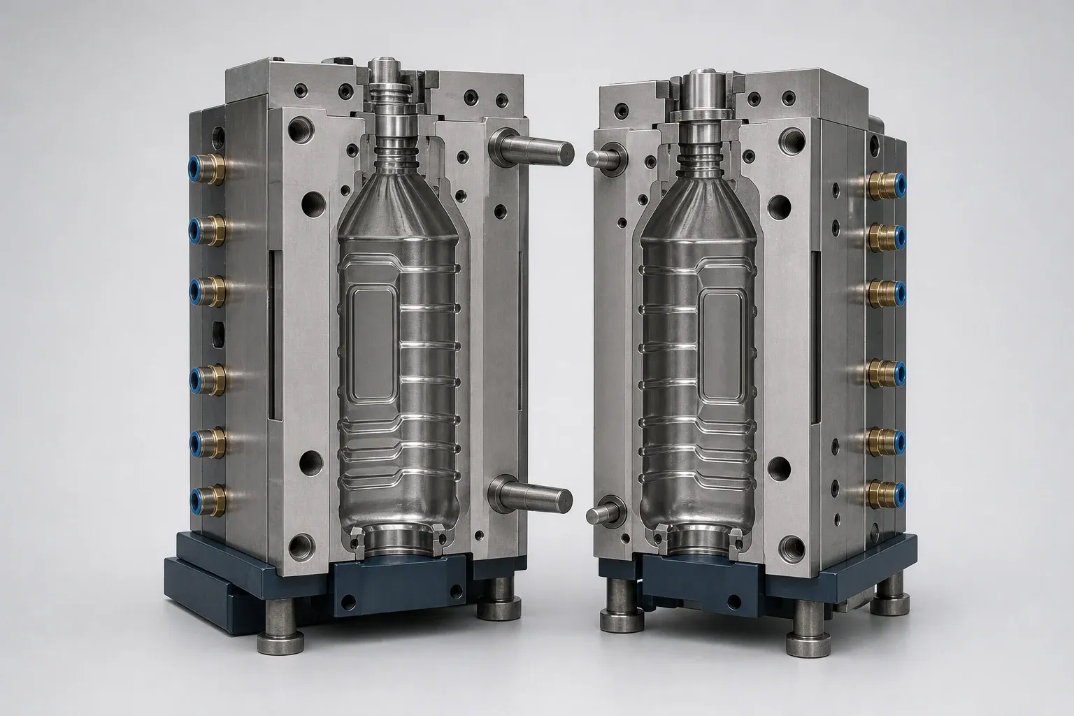 Reference visualization of a generic open bottle blow mold on a tooling inspection bench.