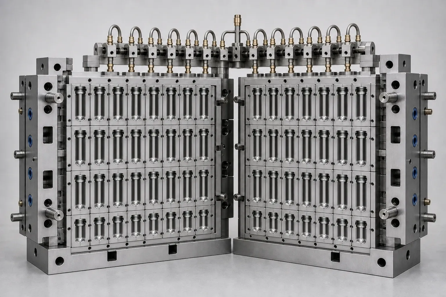 Reference visualization of a generic open PET preform mold on a tooling inspection bench.
