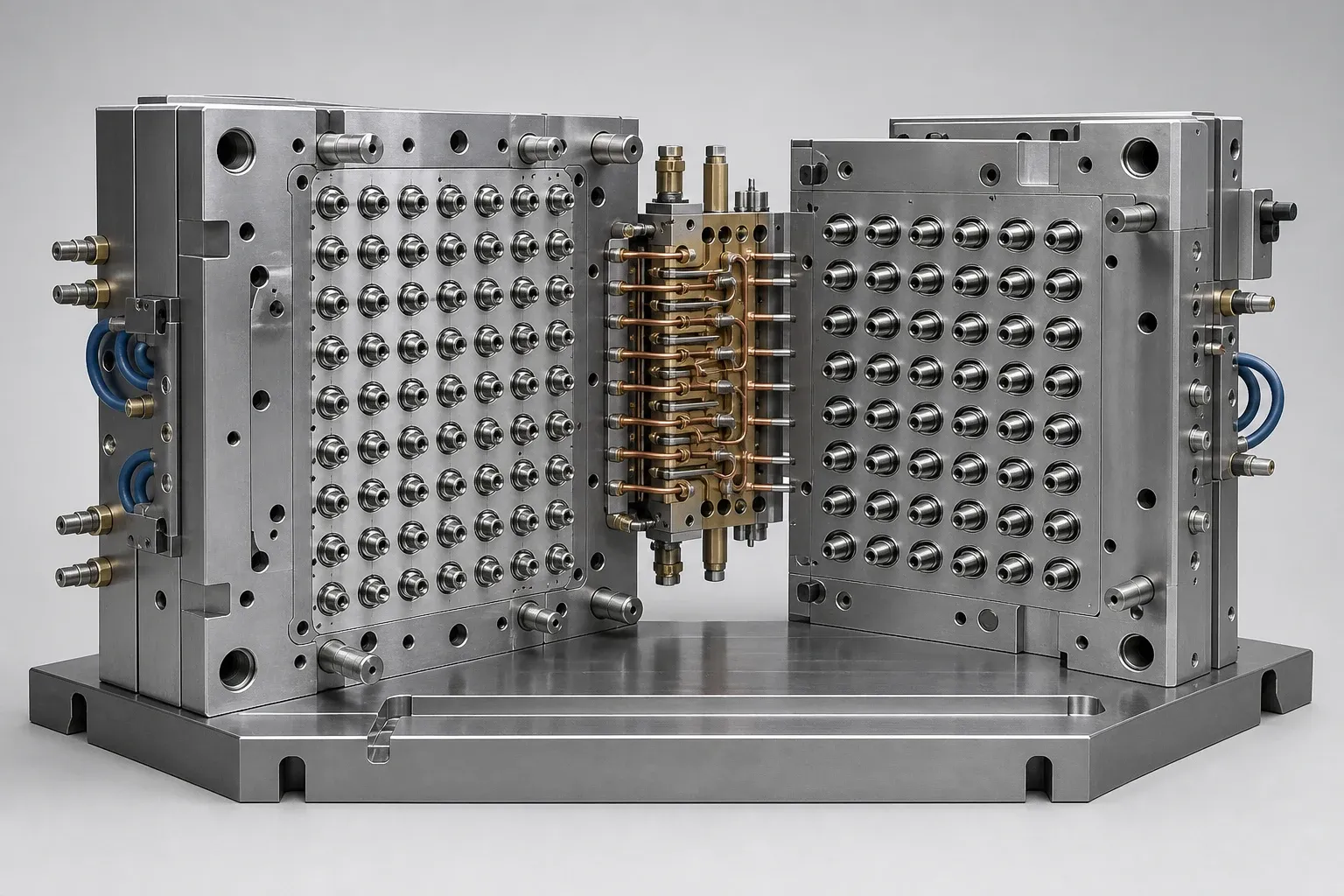 Reference visualization of a generic open PET preform mold on a tooling inspection bench.