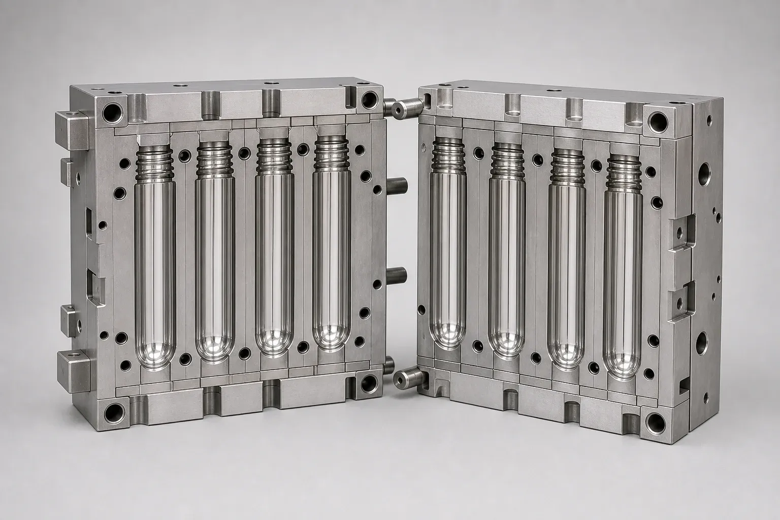 Reference visualization of a generic open PET preform mold on a tooling inspection bench.