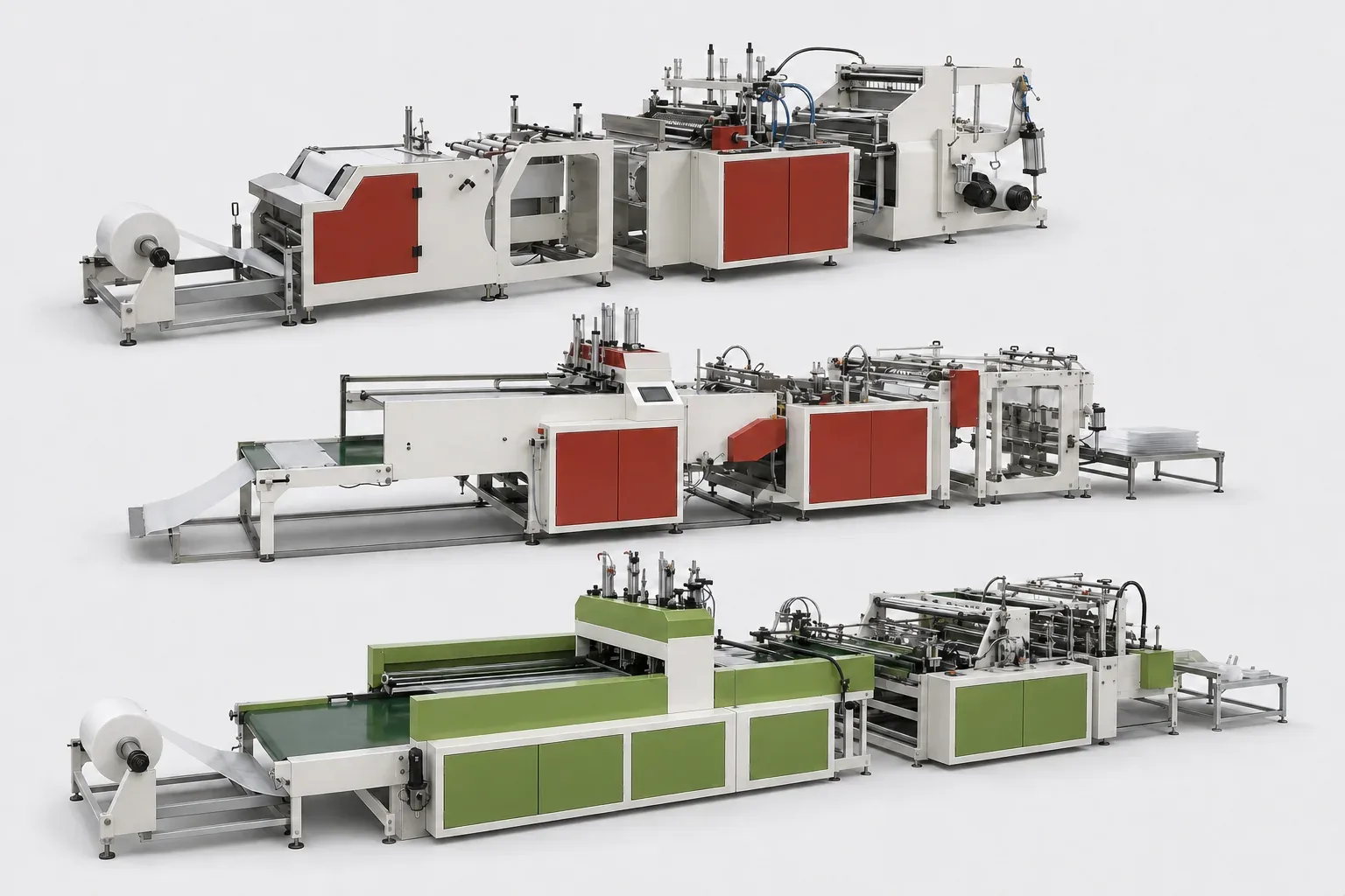 Planning reference visualization comparing roll-fed, hot-cut and multi-line bag converting equipment families.