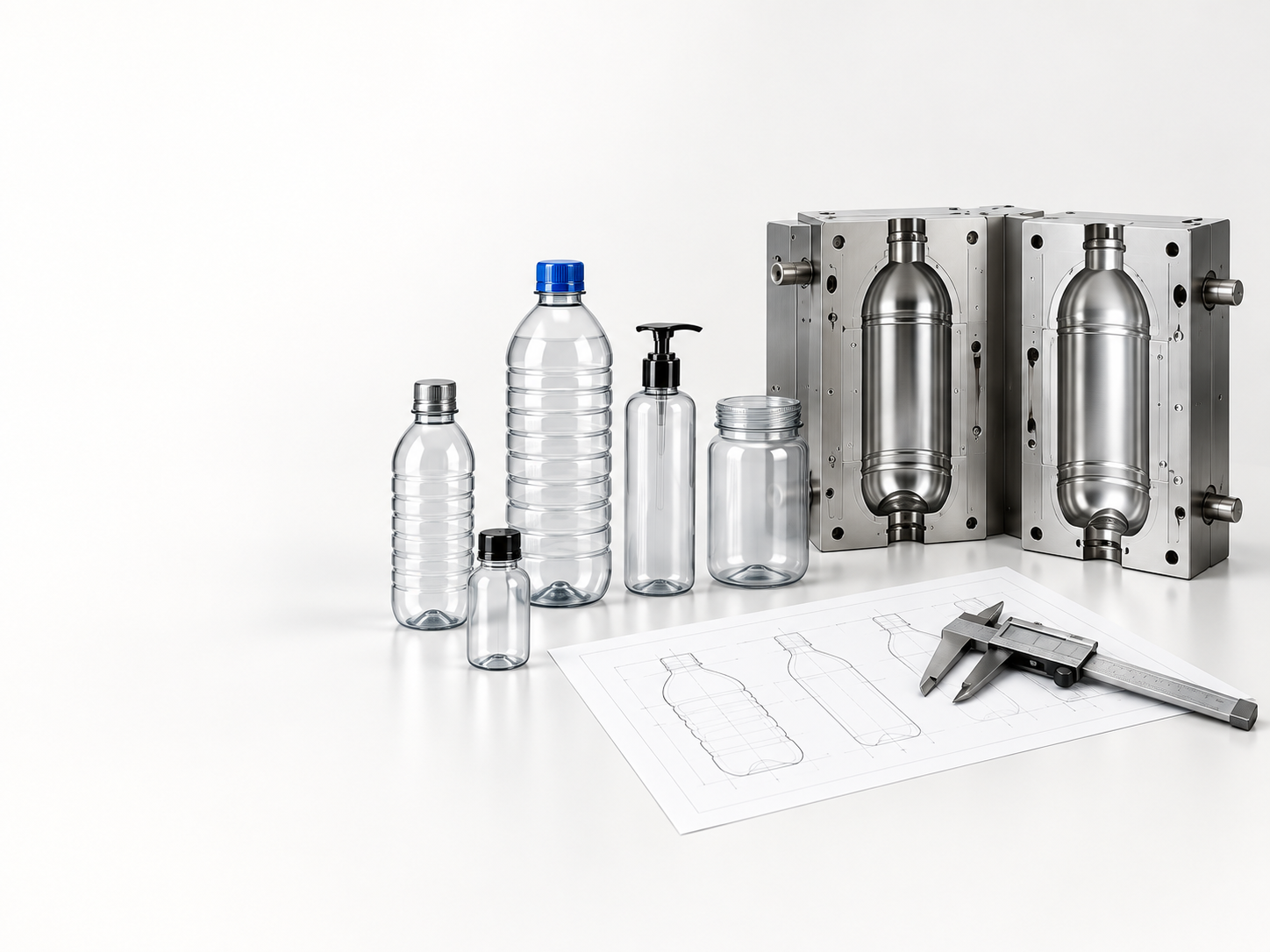 Illustrative clear containers, open bottle mold, caliper and unmarked drawing for planning.