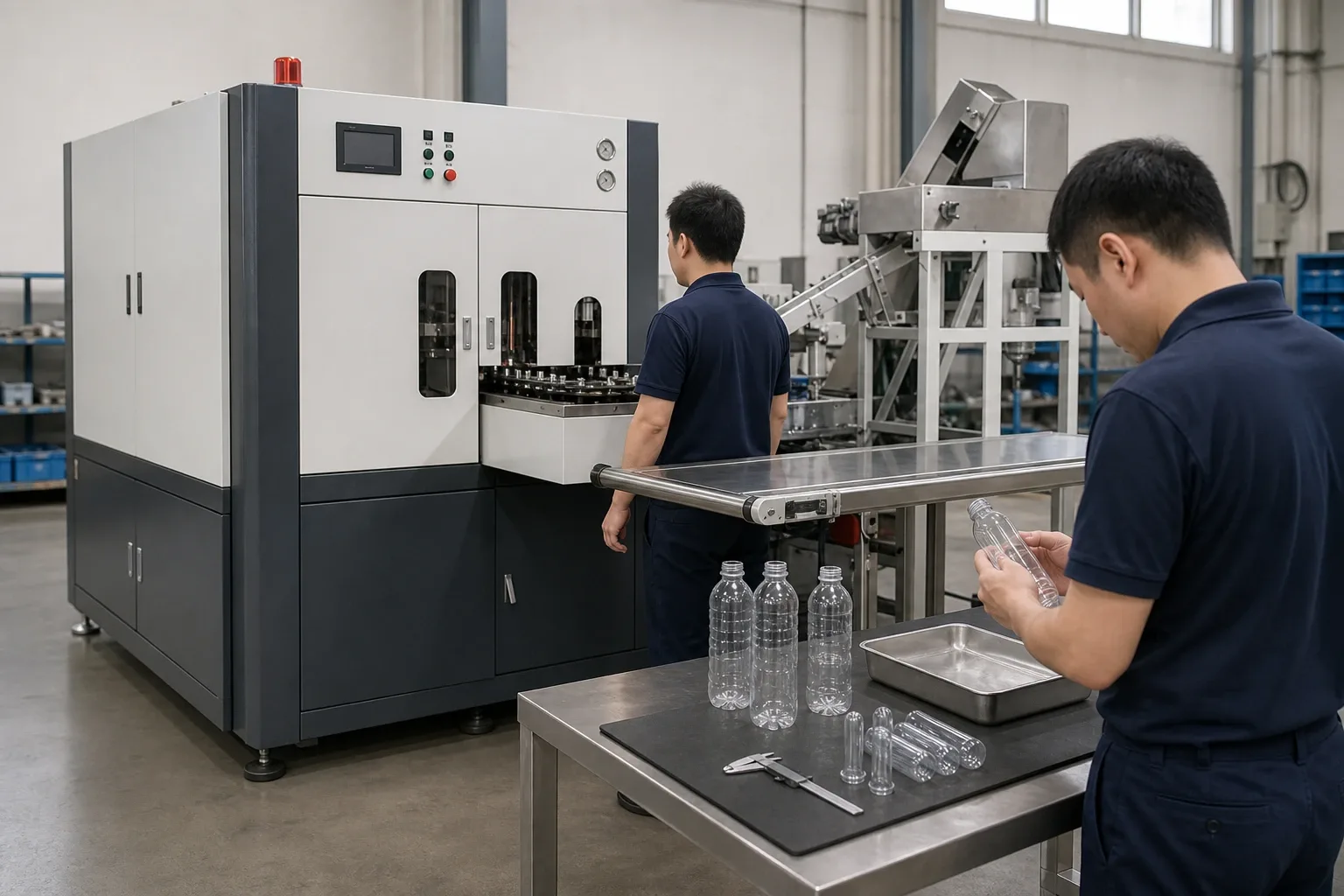 Photo-style reference view of generic bottle blowing equipment and unbranded bottle samples during a trial review.