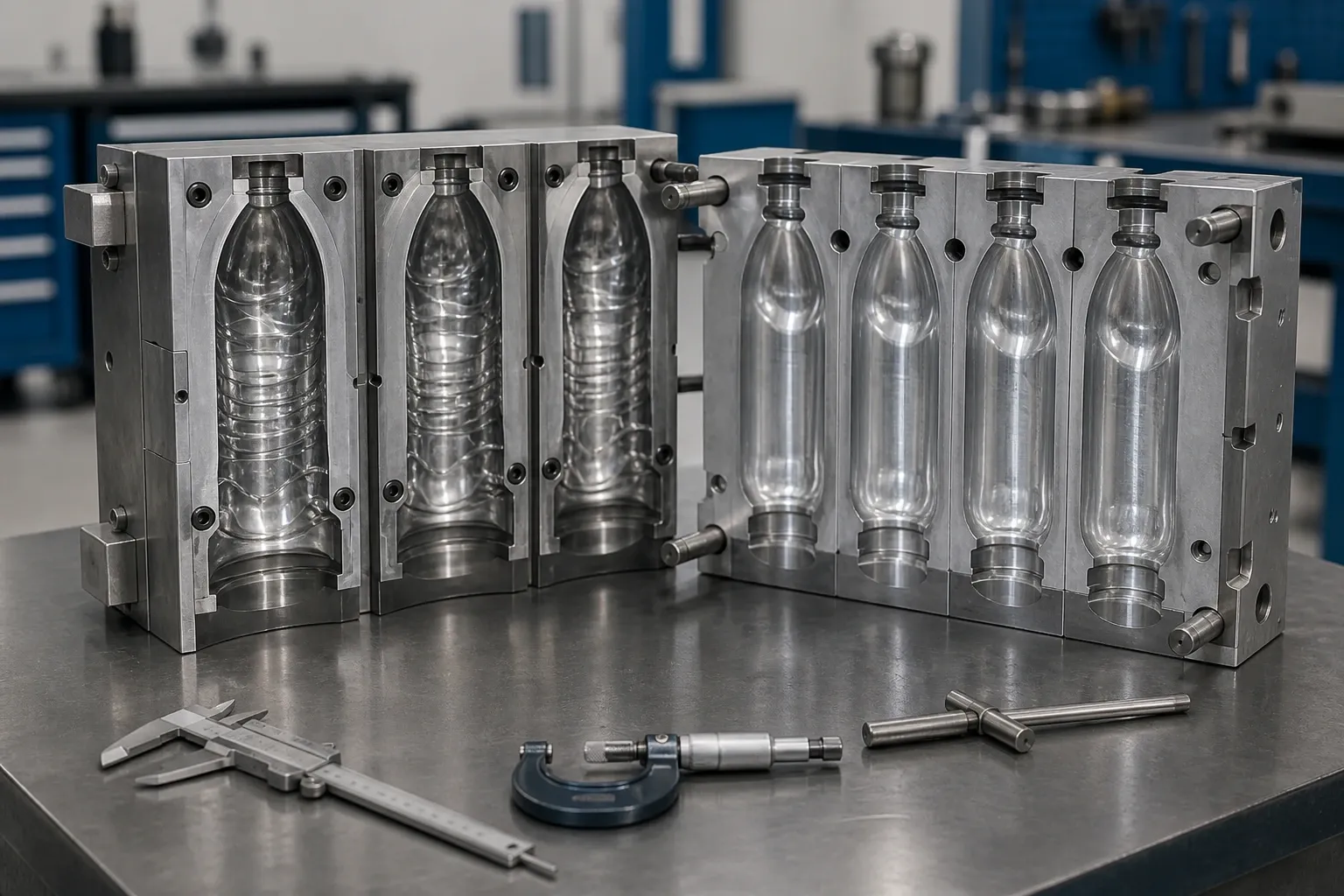 Reference visualization of a generic open bottle blow mold on a tooling inspection bench.