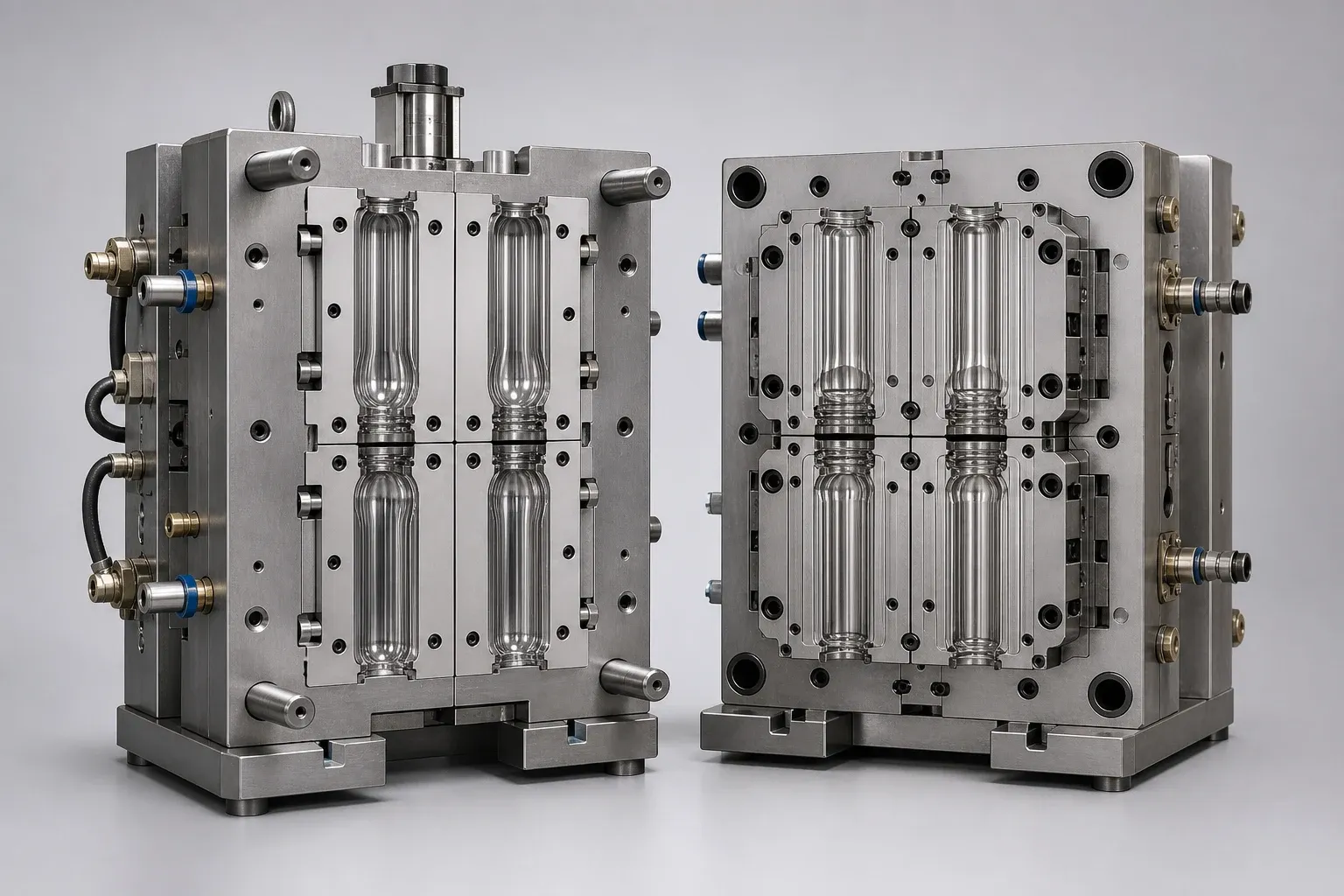 Reference visualization of a generic open PET preform mold on a tooling inspection bench.