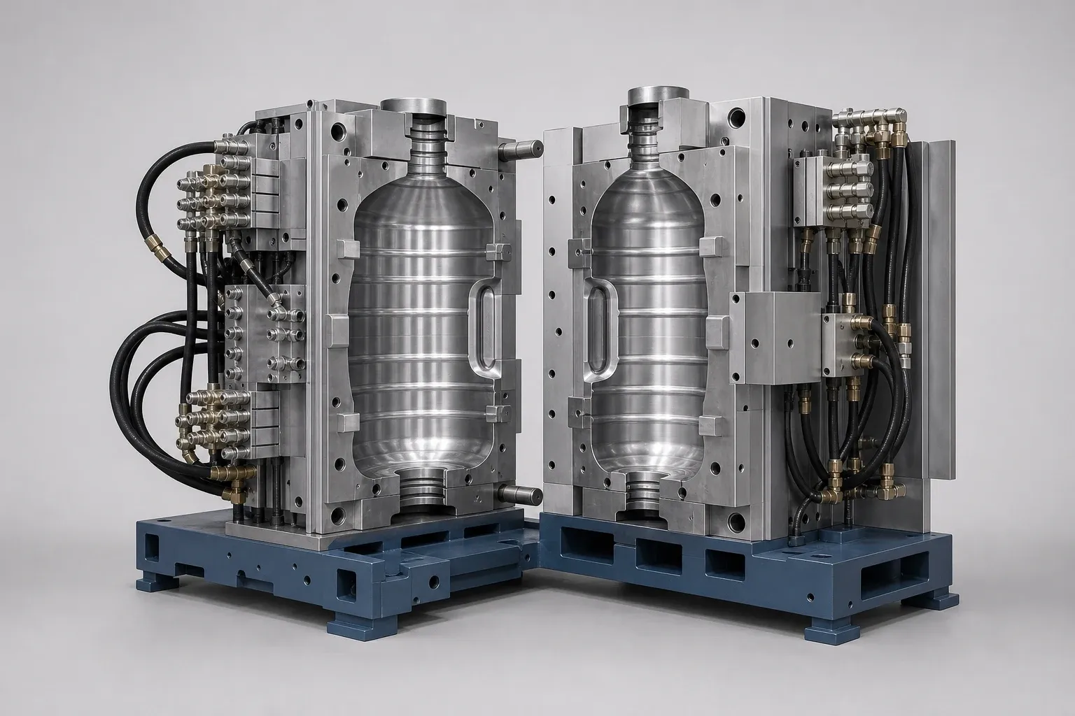 Reference visualization of a generic open bottle blow mold on a tooling inspection bench.